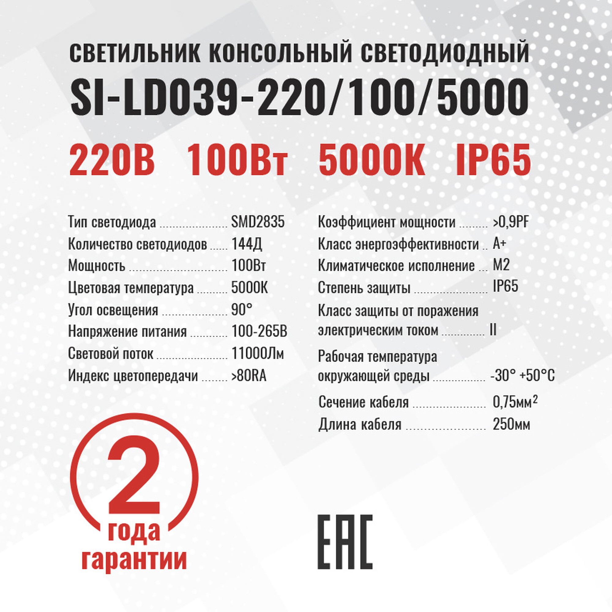 Светильник консольный светодиодный LD039 220В 100Вт 5000К 144д 90гр IP65 SignImpress