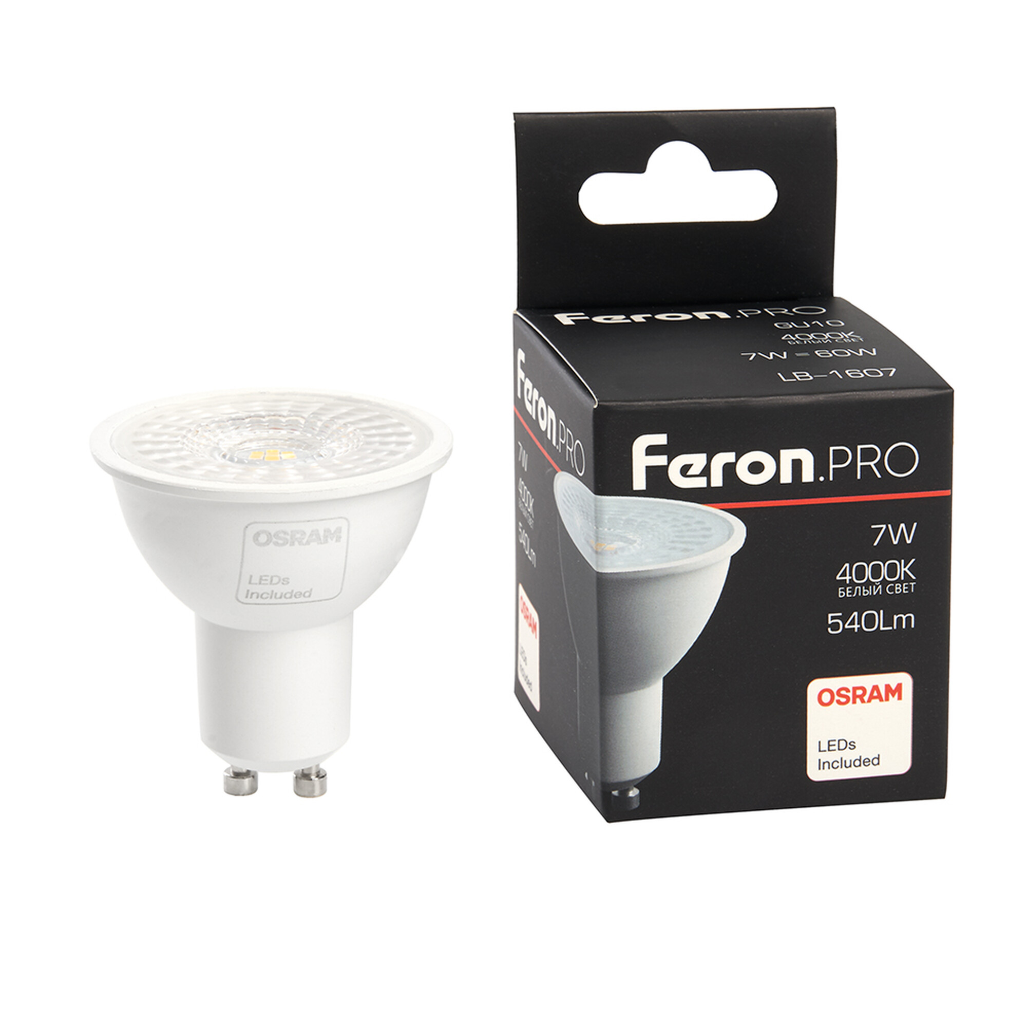 Лампа светодиодная (7W) 230V GU10 4000K MR16 с линзой 38 градусов, LB-1607 Feron