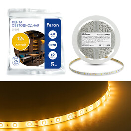 Лента светодиодная LS603, 60SMD(2835)/m 4.8W/m 12V 5m желтый Feron