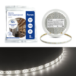 Лента светодиодная 60SMD(2835)/m 4.8W/m 12V 5m 4000К , LS603 FERON